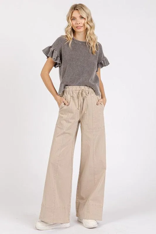 Mineral Wash Elastic Wide Leg Pants