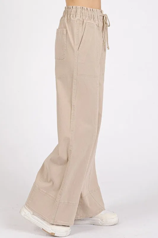 Mineral Wash Elastic Wide Leg Pants