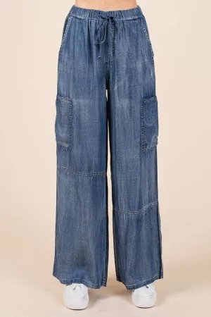 Mineral Washed Elastic Waist Cargo Wide Leg Pants