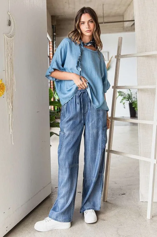Mineral Washed Elastic Waist Cargo Wide Leg Pants