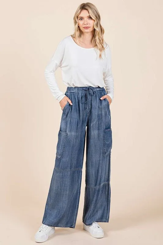 Mineral Washed Elastic Waist Cargo Wide Leg Pants