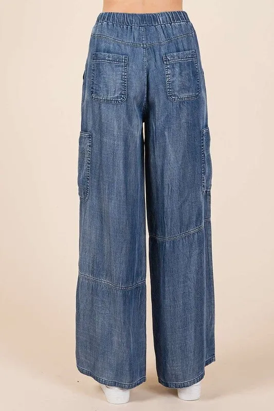 Mineral Washed Elastic Waist Cargo Wide Leg Pants