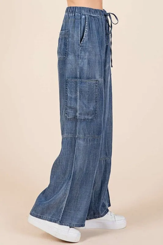 Mineral Washed Elastic Waist Cargo Wide Leg Pants