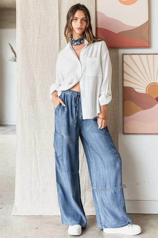 Mineral Washed Elastic Waist Cargo Wide Leg Pants