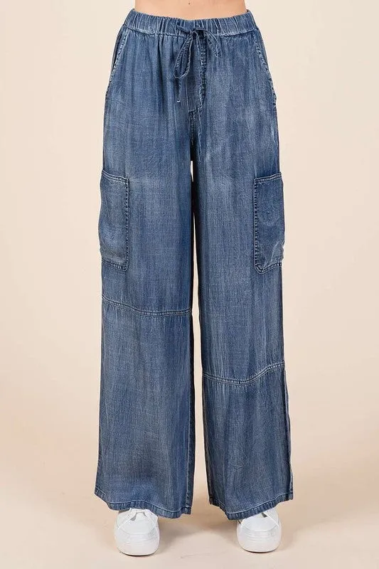 Mineral Washed Elastic Waist Cargo Wide Leg Pants
