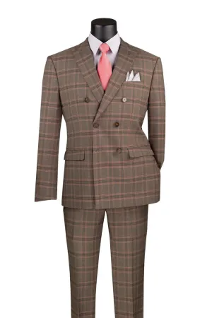 Modern Fit Double Breasted Glen Plaid Peak Lapel 2 Piece Suit Brown MDW-2