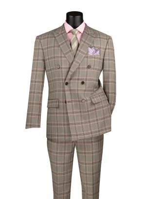 Modern Fit Double Breasted Glen Plaid Peak Lapel 2 Piece Suit Light Taupe MDW-2