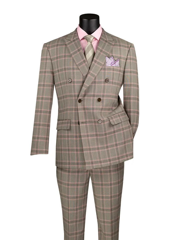 Modern Fit Double Breasted Glen Plaid Peak Lapel 2 Piece Suit Light Taupe MDW-2