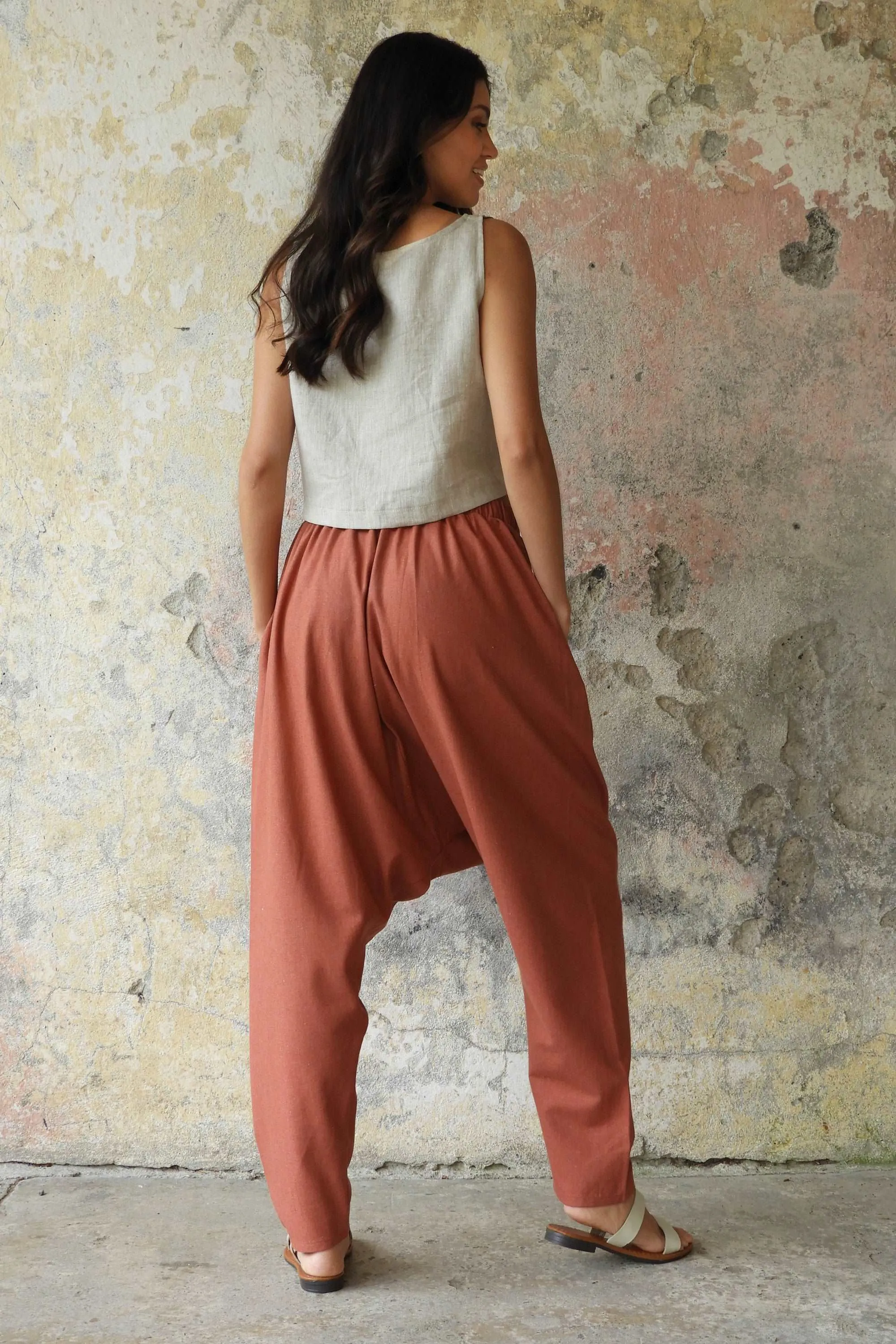 MOON Gender Neutral Linen Blend Harem Pants (Terra Cotta, Almond Green)