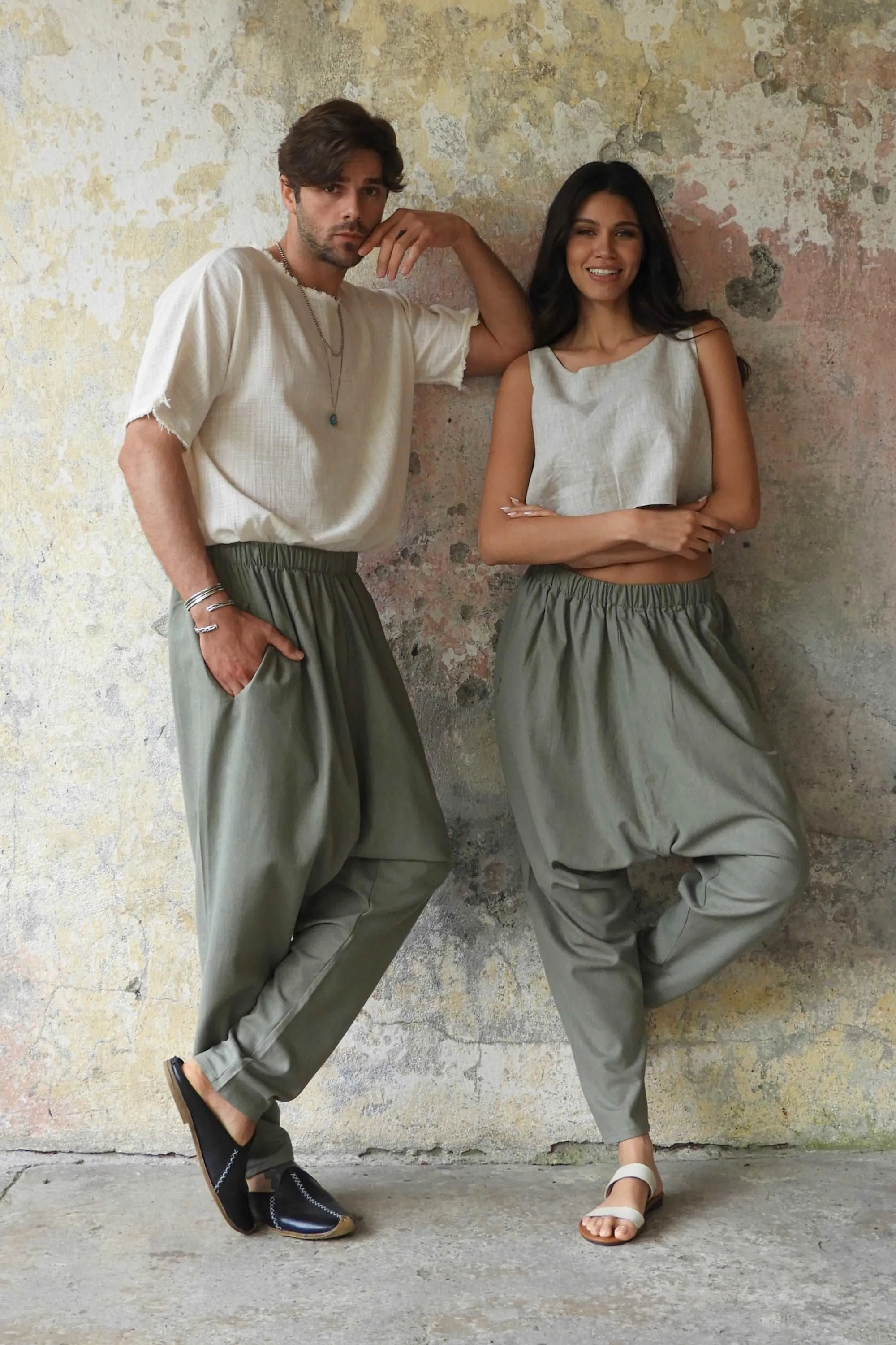 MOON Gender Neutral Linen Blend Harem Pants (Terra Cotta, Almond Green)