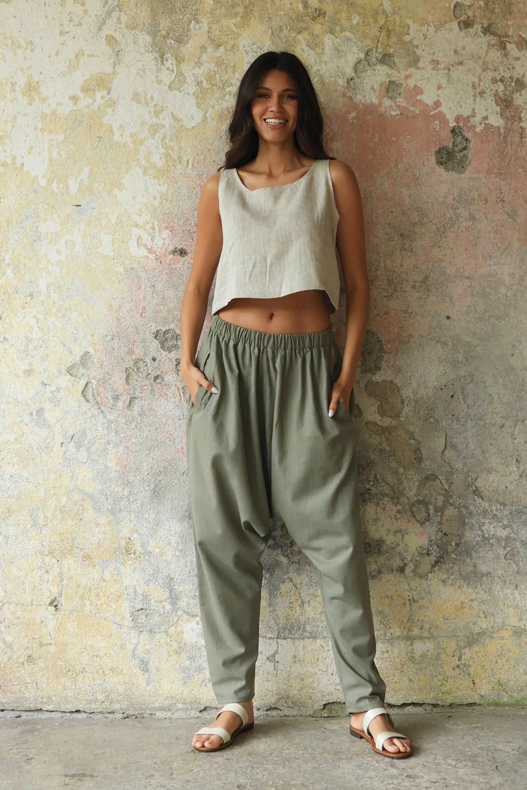 MOON Gender Neutral Linen Blend Harem Pants (Terra Cotta, Almond Green)