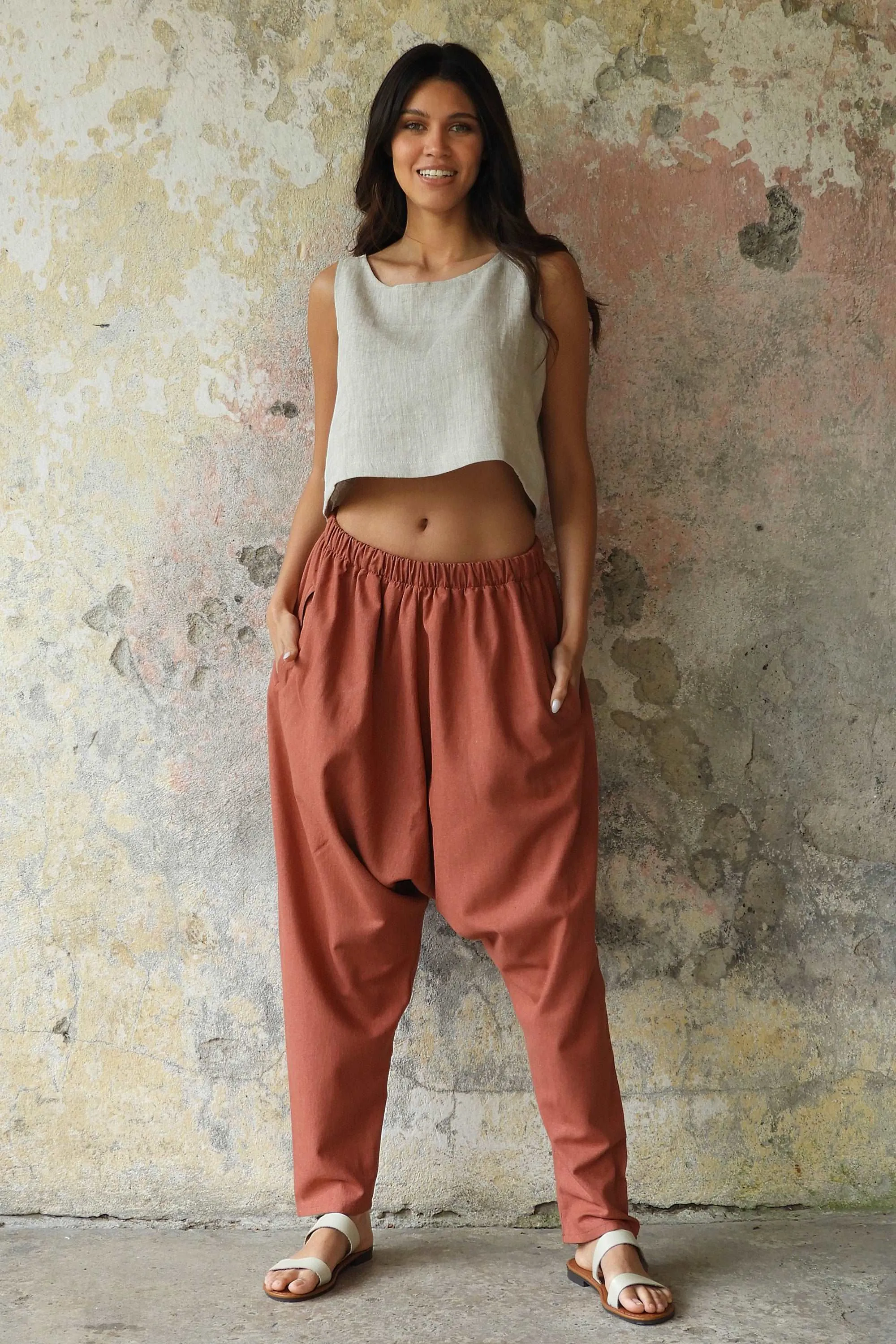 MOON Gender Neutral Linen Blend Harem Pants (Terra Cotta, Almond Green)