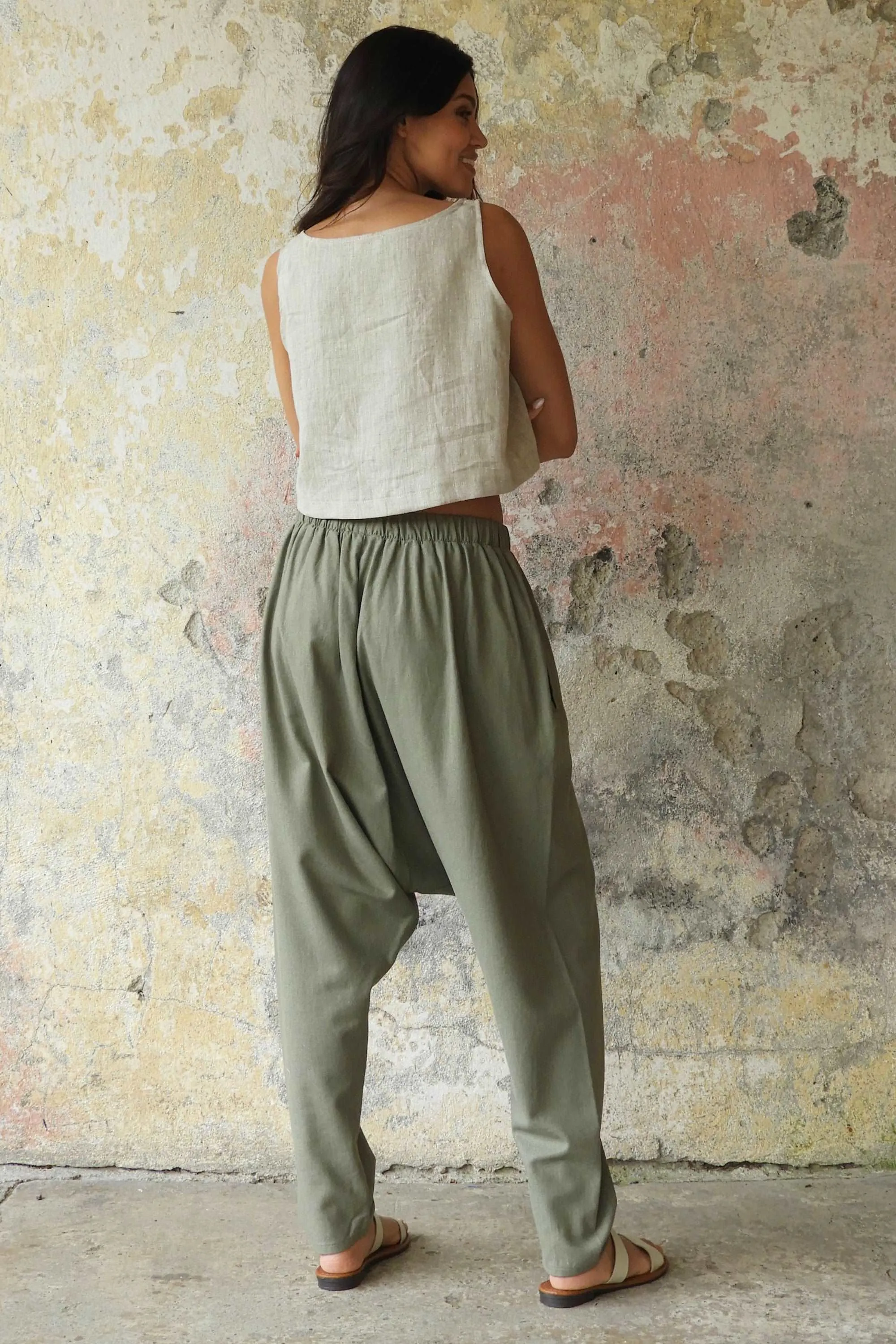 MOON Gender Neutral Linen Blend Harem Pants (Terra Cotta, Almond Green)