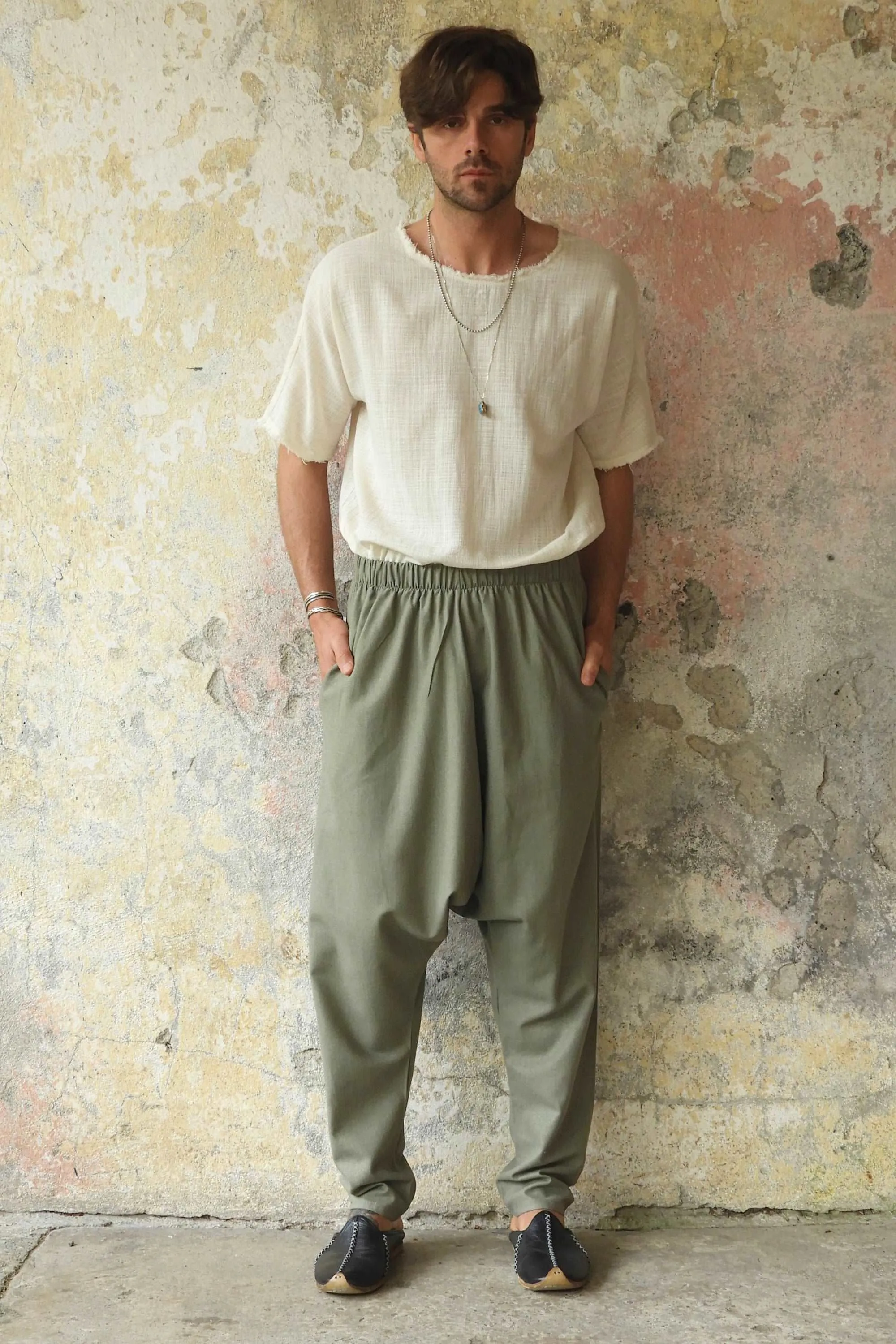 MOON Gender Neutral Linen Blend Harem Pants (Terra Cotta, Almond Green)