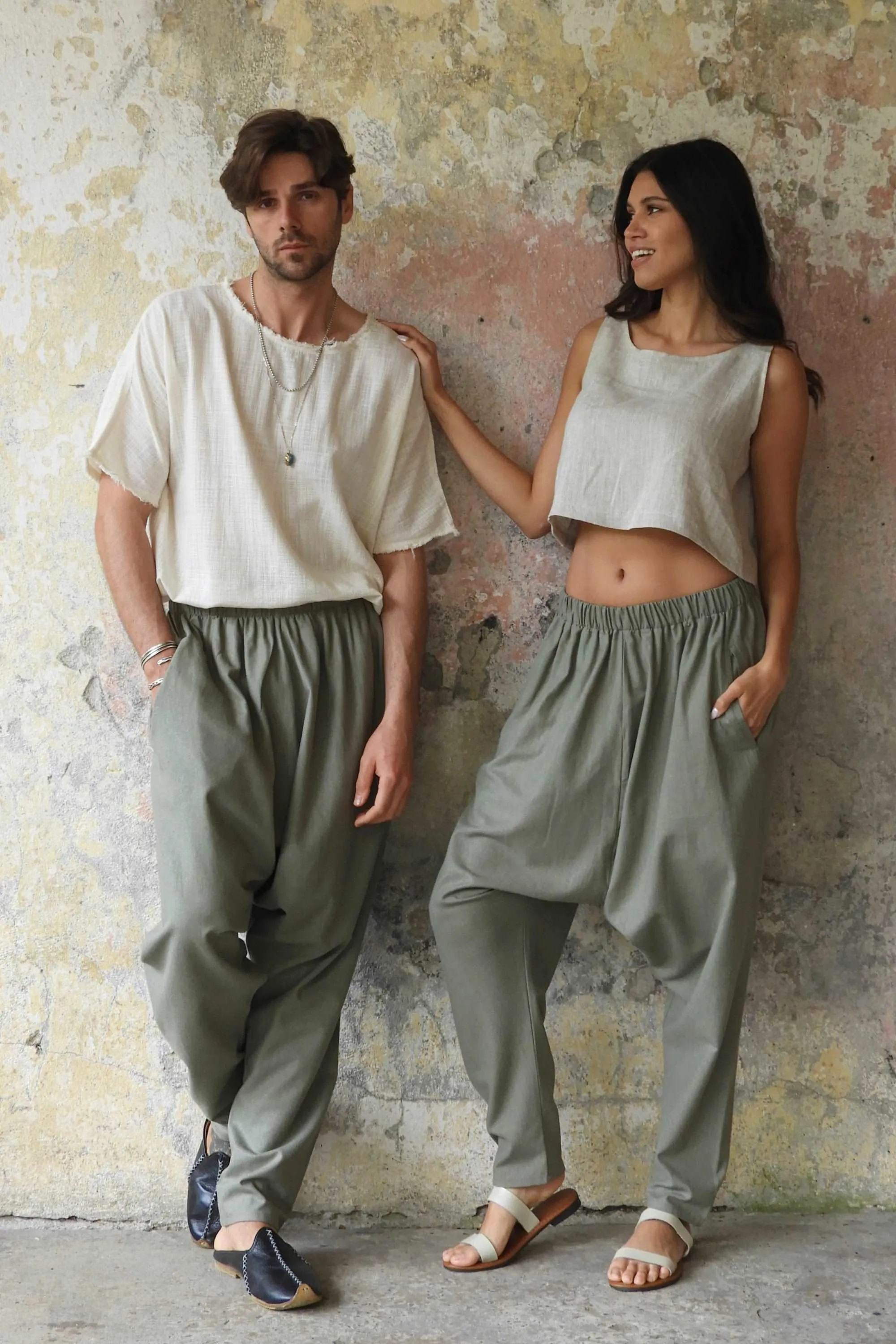 MOON Gender Neutral Linen Blend Harem Pants (Terra Cotta, Almond Green)