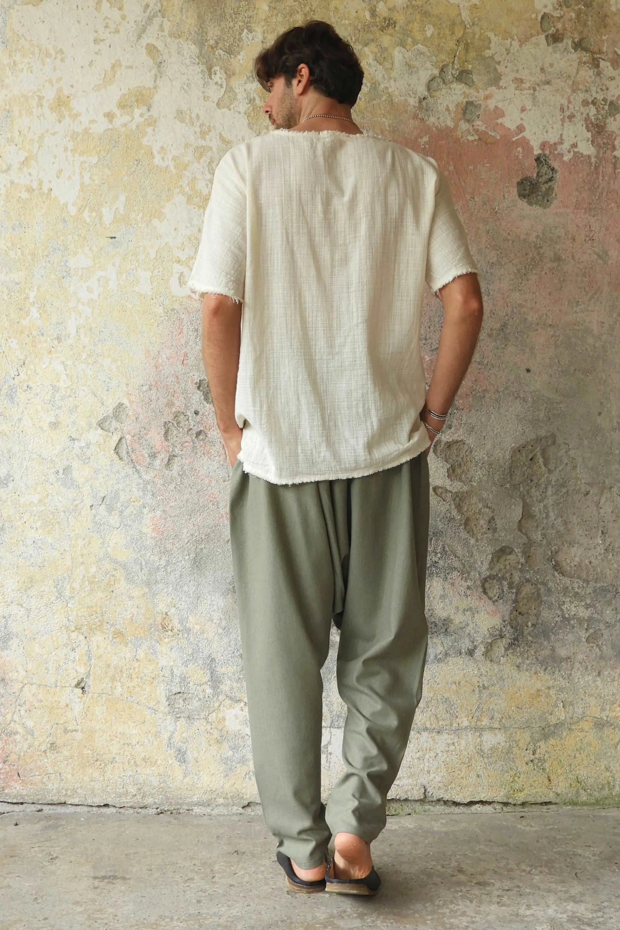 MOON Gender Neutral Linen Blend Harem Pants (Terra Cotta, Almond Green)