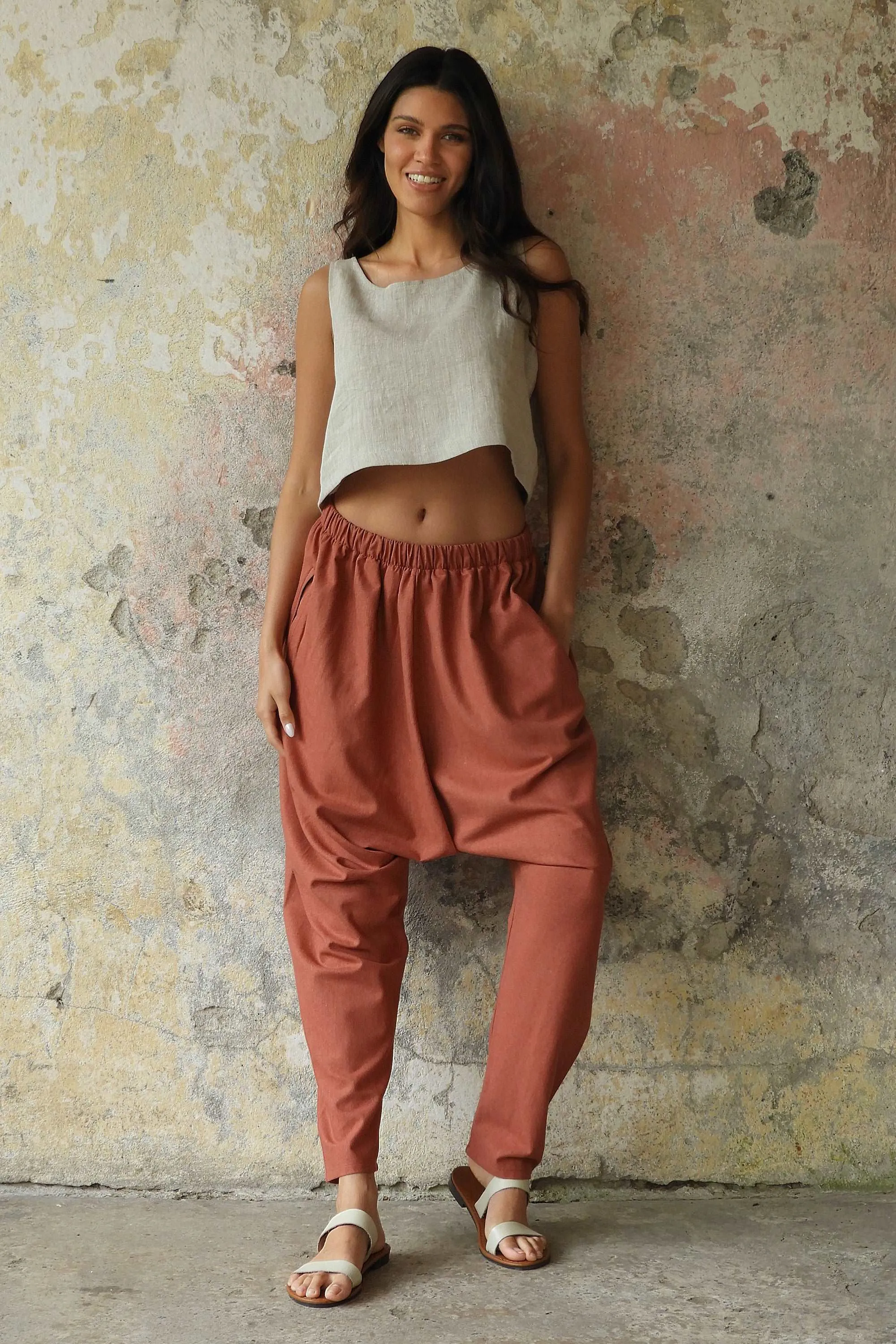 MOON Gender Neutral Linen Blend Harem Pants (Terra Cotta, Almond Green)