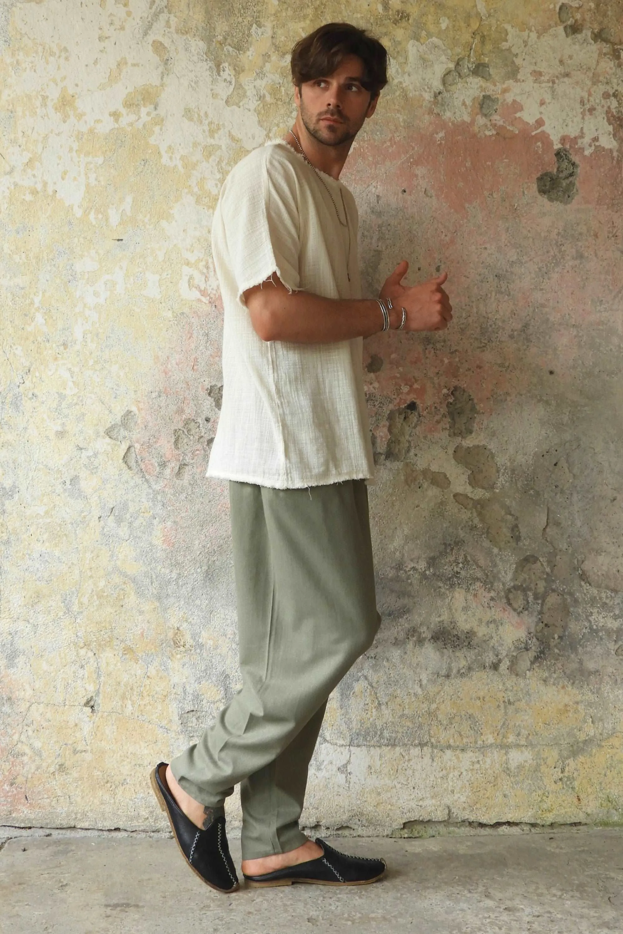 MOON Gender Neutral Linen Blend Harem Pants (Terra Cotta, Almond Green)