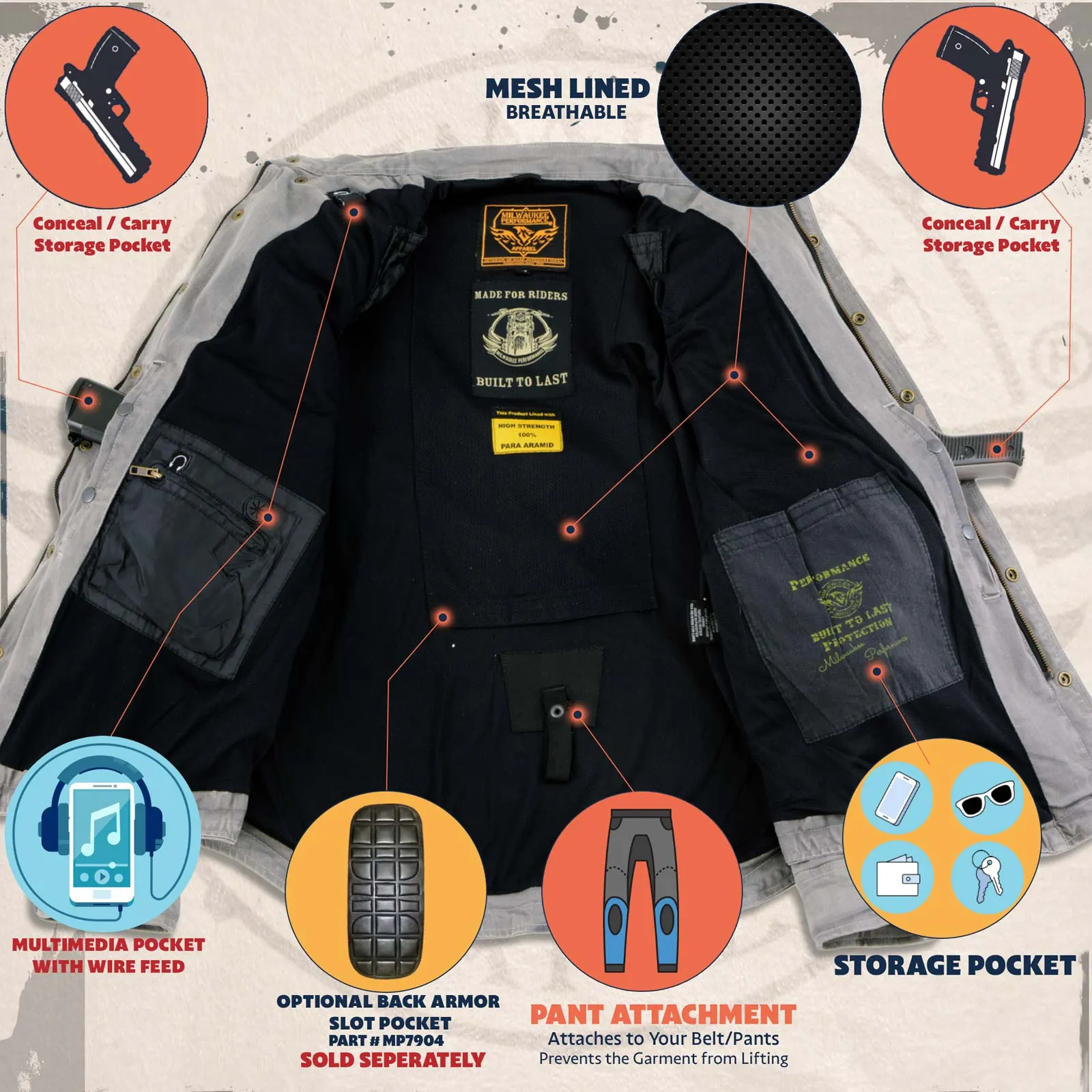 MPM1620 Men's Black Flannel Biker Shirt with CE Approved Armor - Reinforced w/ Aramid Fibers