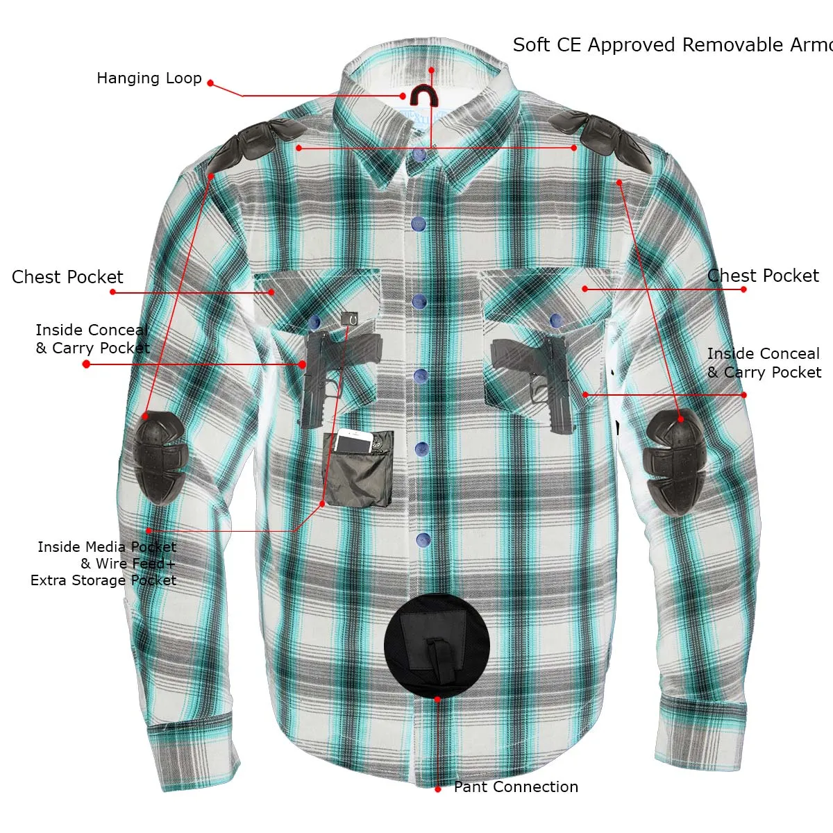 MPM1621 Men's Grey Flannel Biker Shirt with CE Approved Armor - Reinforced w/ Aramid Fibers