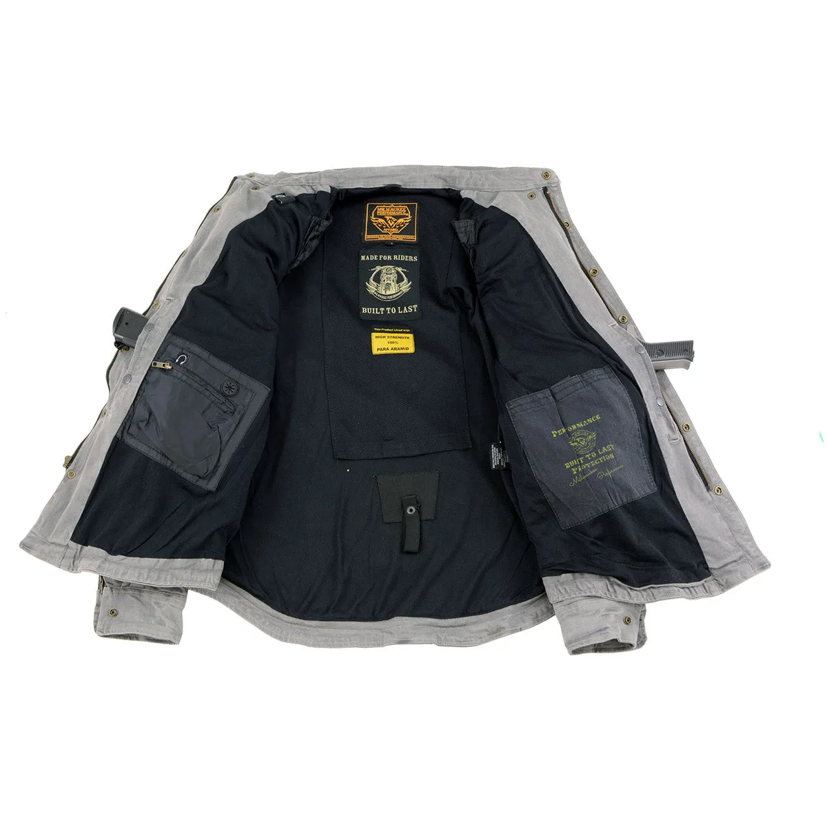 MPM1621 Men's Grey Flannel Biker Shirt with CE Approved Armor - Reinforced w/ Aramid Fibers