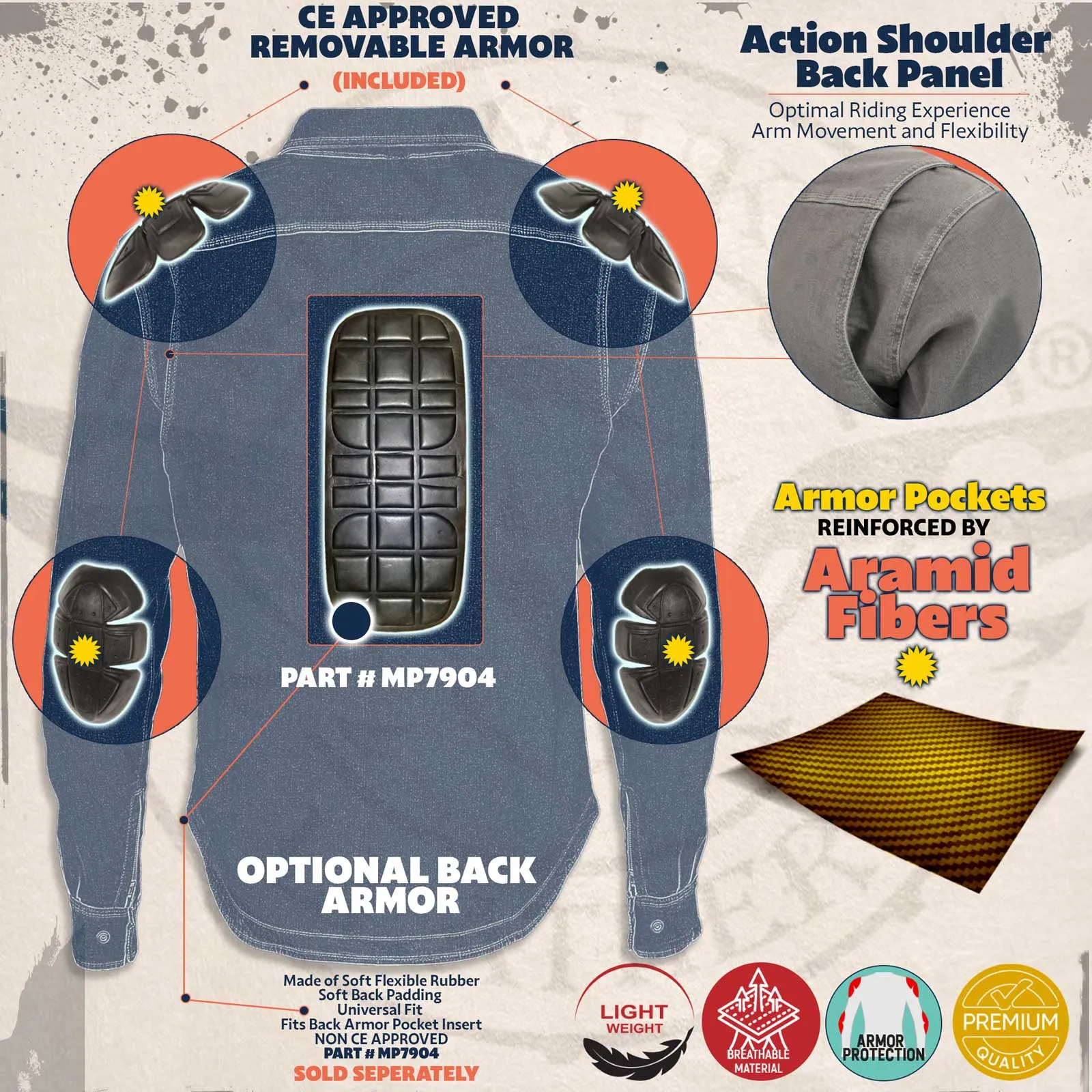 MPM1621 Men's Grey Flannel Biker Shirt with CE Approved Armor - Reinforced w/ Aramid Fibers