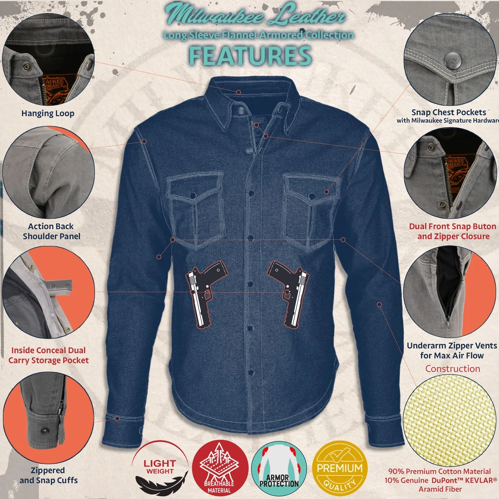 MPM1621 Men's Grey Flannel Biker Shirt with CE Approved Armor - Reinforced w/ Aramid Fibers