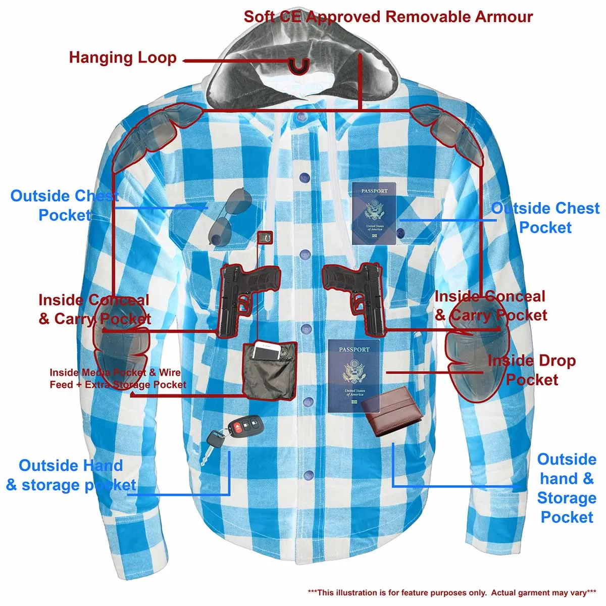 MPM1642 Men's Plaid Hooded Flannel Biker Shirt with CE Approved Armor - Reinforced w/ Aramid Fibers