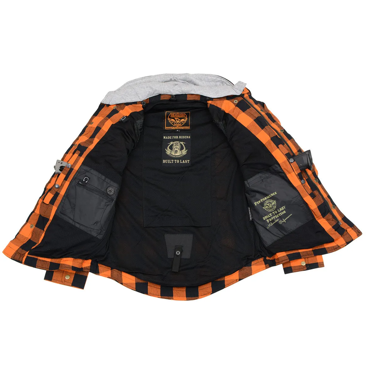 MPM1642 Men's Plaid Hooded Flannel Biker Shirt with CE Approved Armor - Reinforced w/ Aramid Fibers