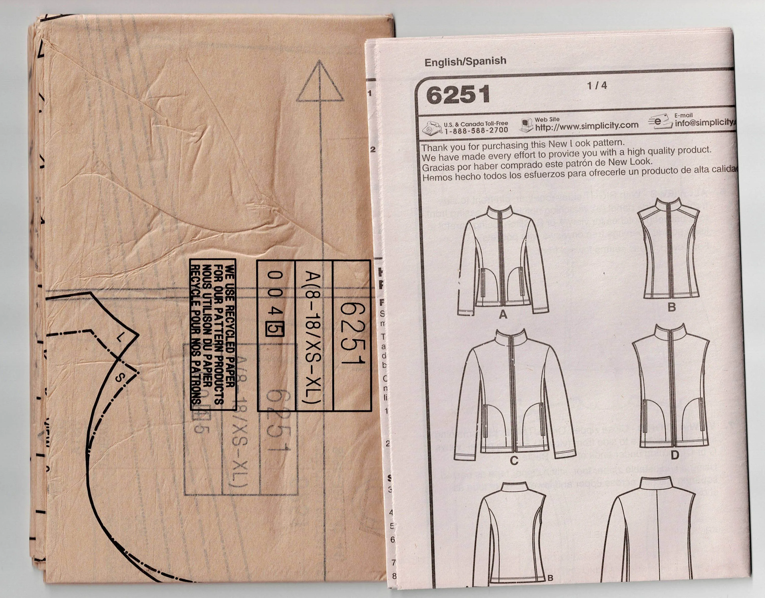 New Look 6251 Mens Womens UNISEX Stretch Zip Front Jackets & Vests Out Of Print Sewing Pattern Size 8 - 18 UNCUT Factory Folded