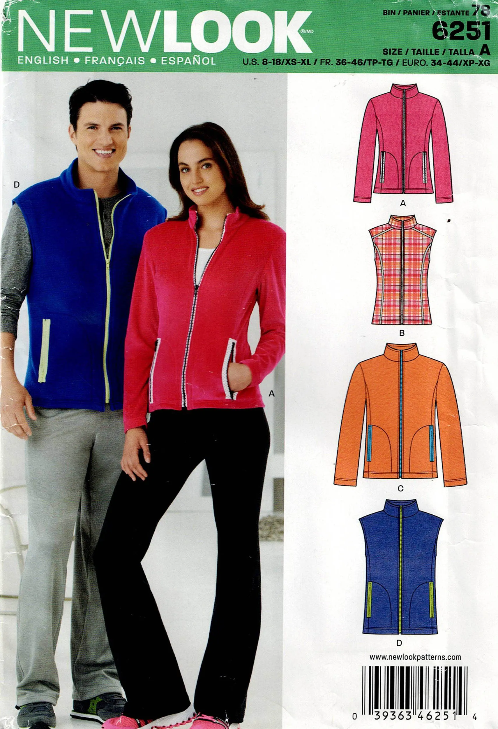 New Look 6251 Mens Womens UNISEX Stretch Zip Front Jackets & Vests Out Of Print Sewing Pattern Size 8 - 18 UNCUT Factory Folded