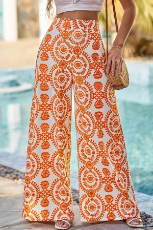 Orange Boho Retro Flower Print Wide Leg Pants