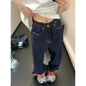 Plaid Cuffs Wide-Leg Denim Pants