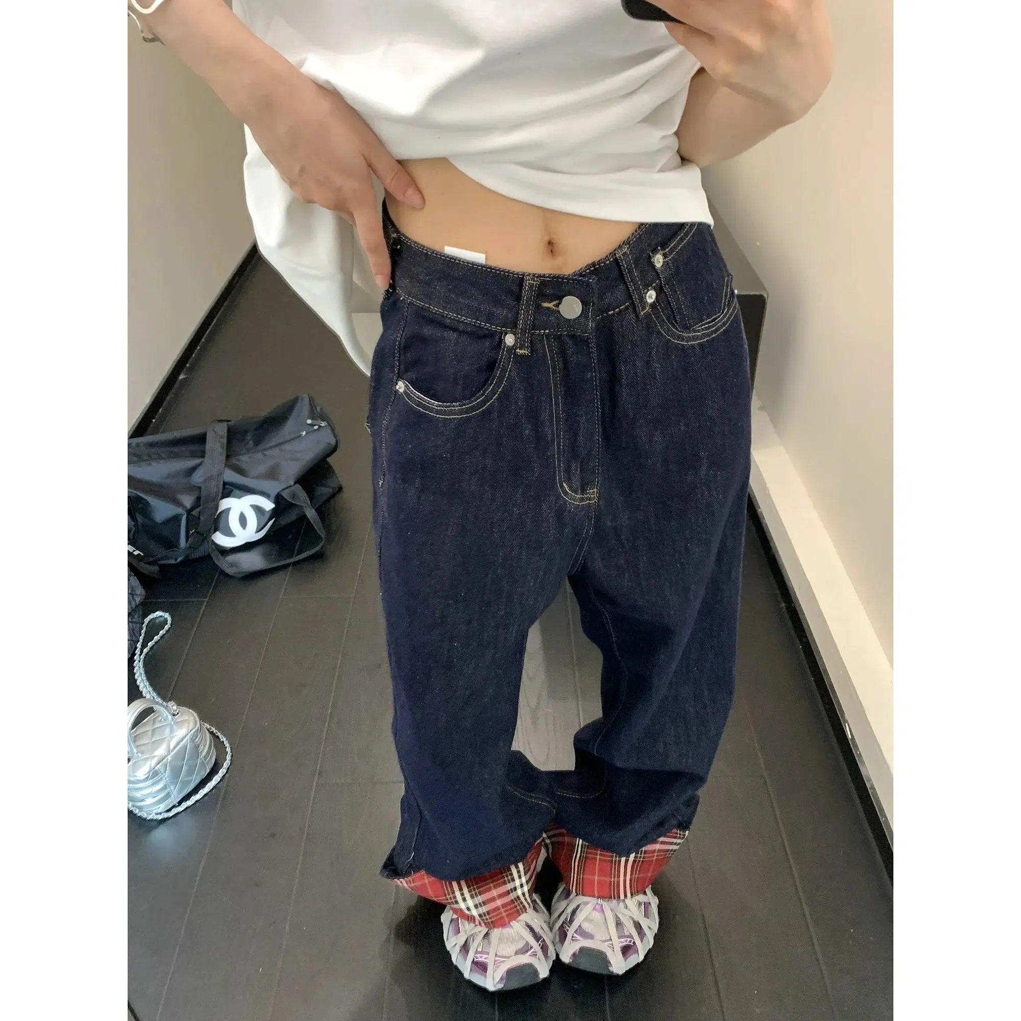 Plaid Cuffs Wide-Leg Denim Pants