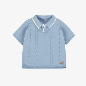Polo bleu pâle en tricot, naissance || Pale blue knit polo shirt, newborn