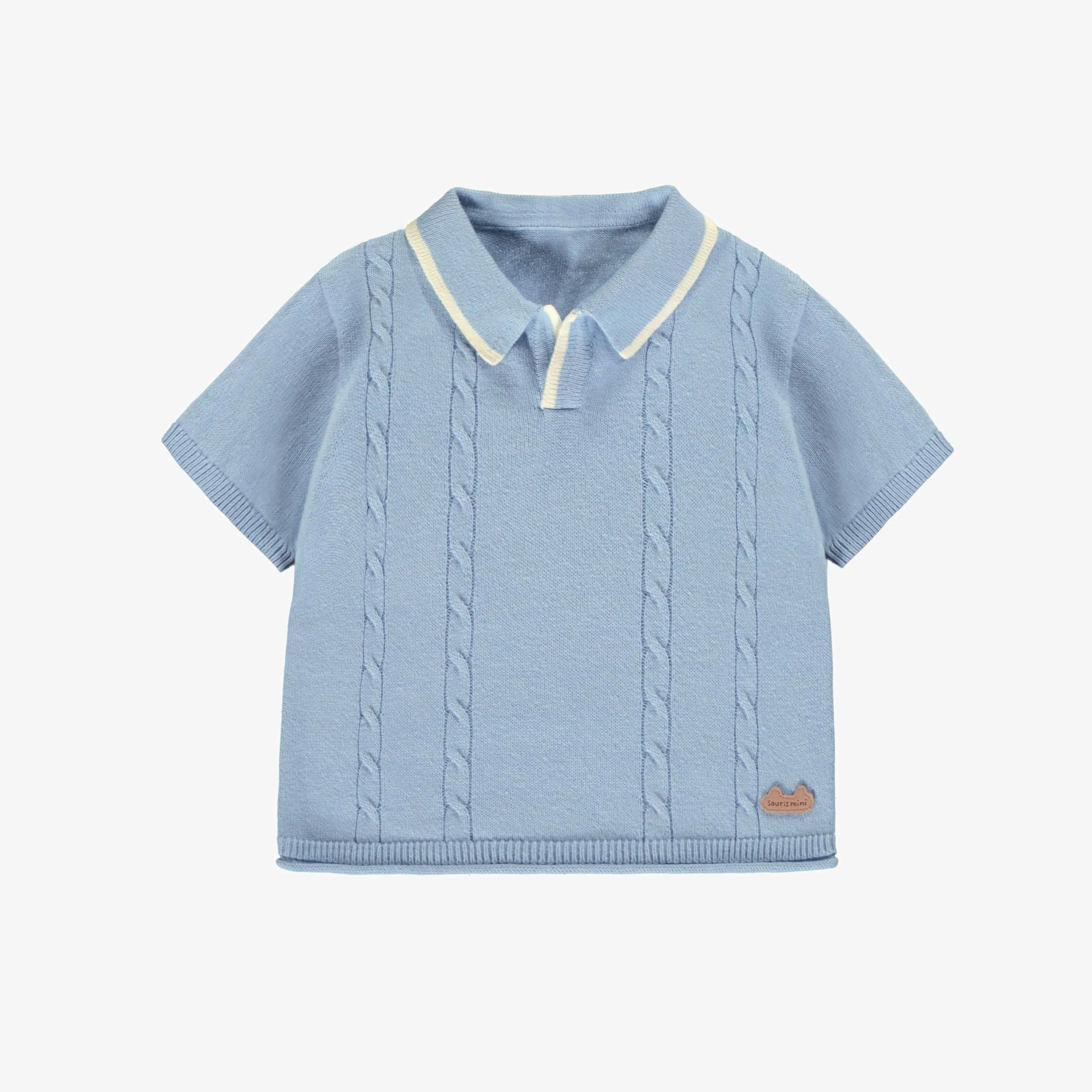 Polo bleu pâle en tricot, naissance || Pale blue knit polo shirt, newborn