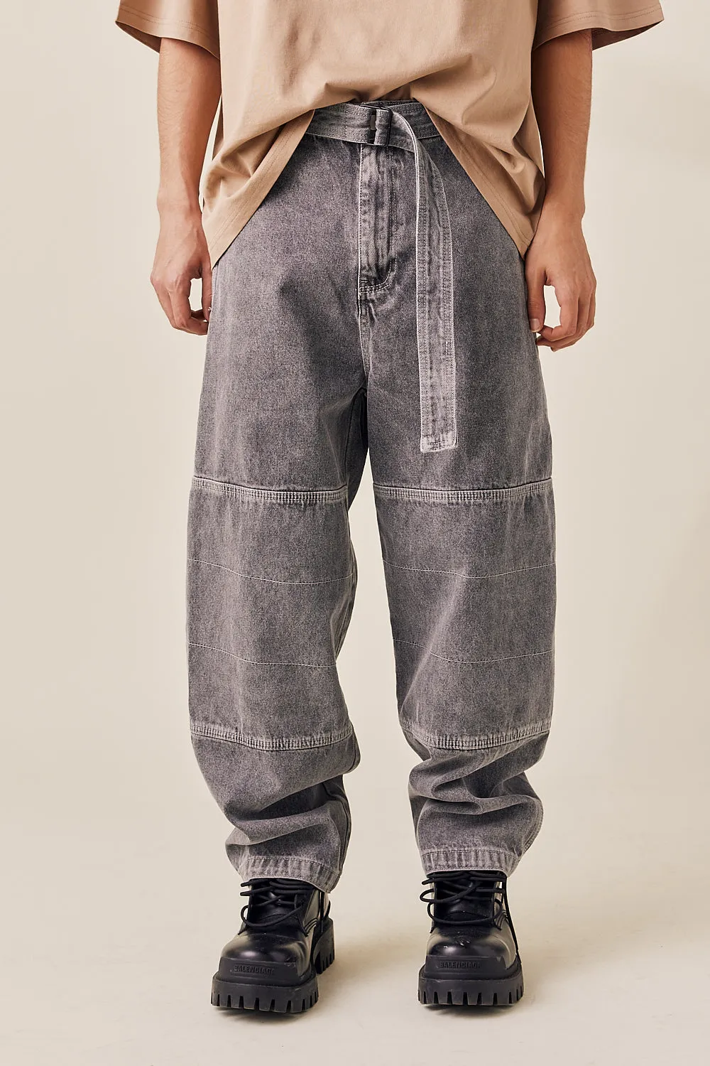 Pre-Wash Belted Denim Wide Pants