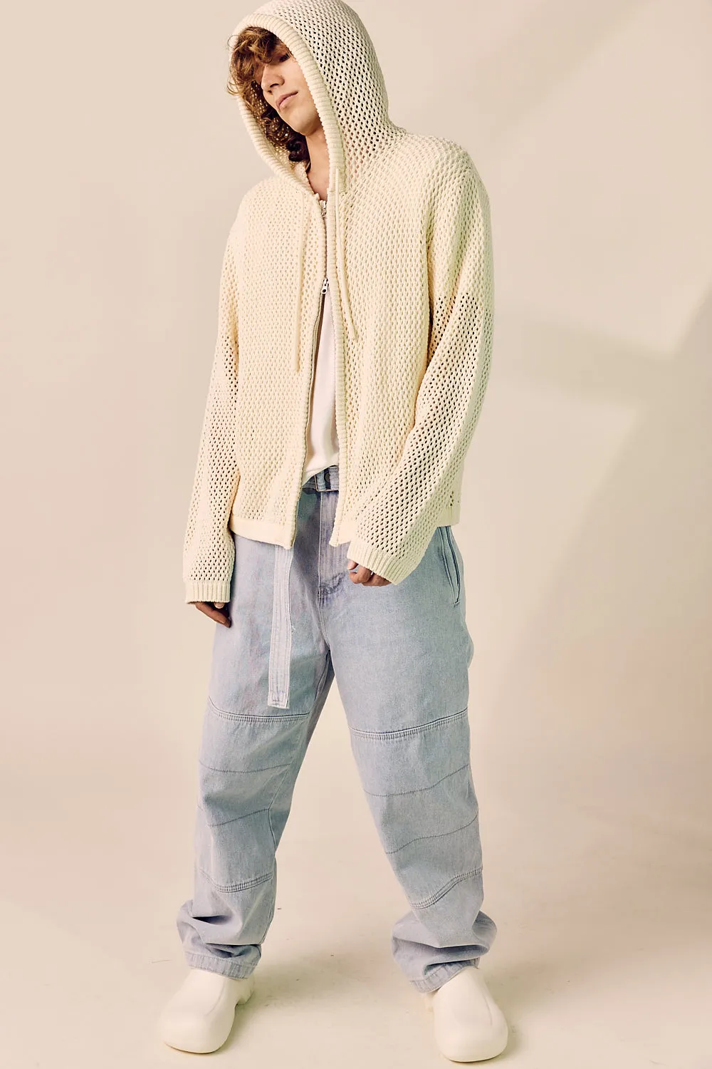 Pre-Wash Belted Denim Wide Pants