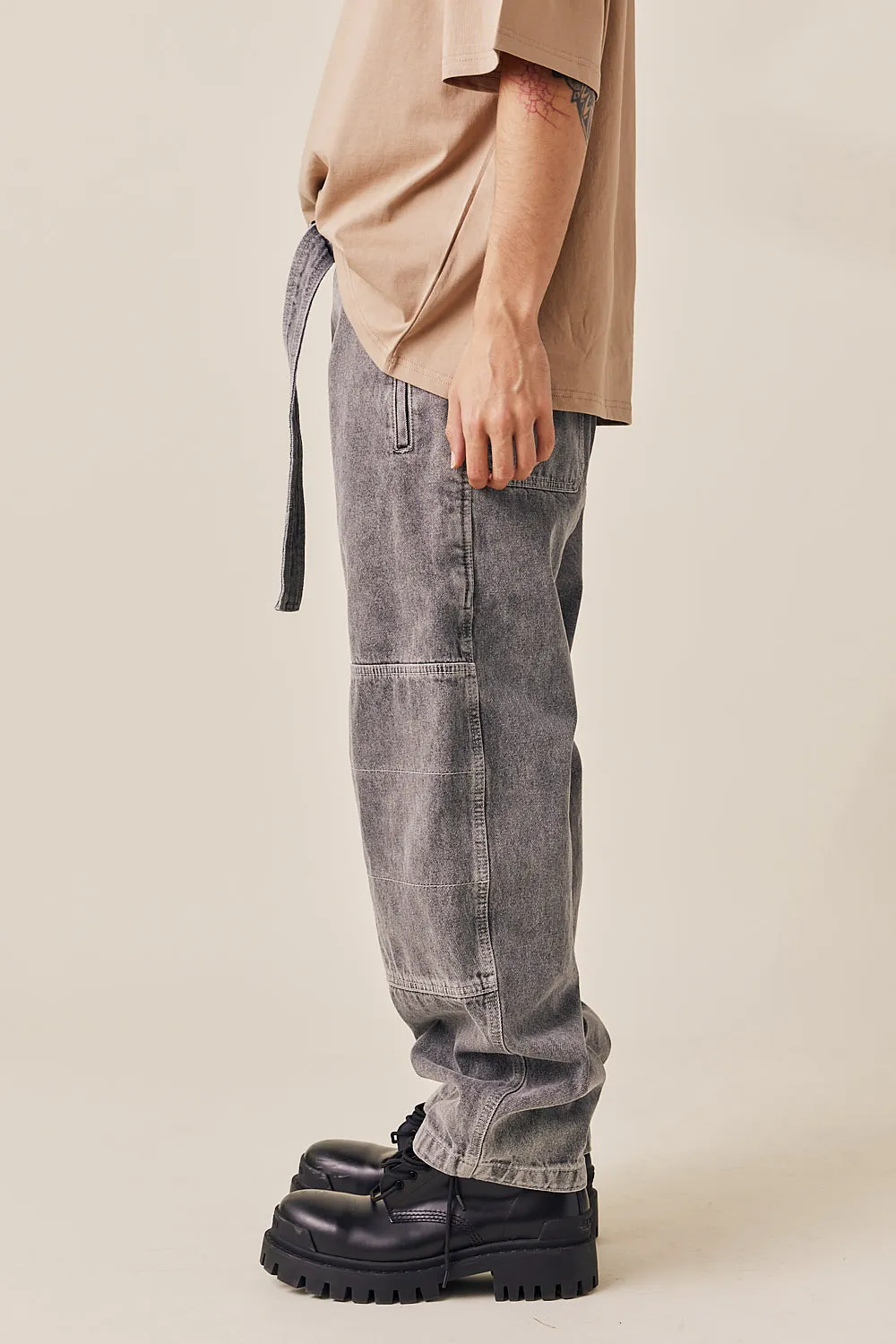 Pre-Wash Belted Denim Wide Pants