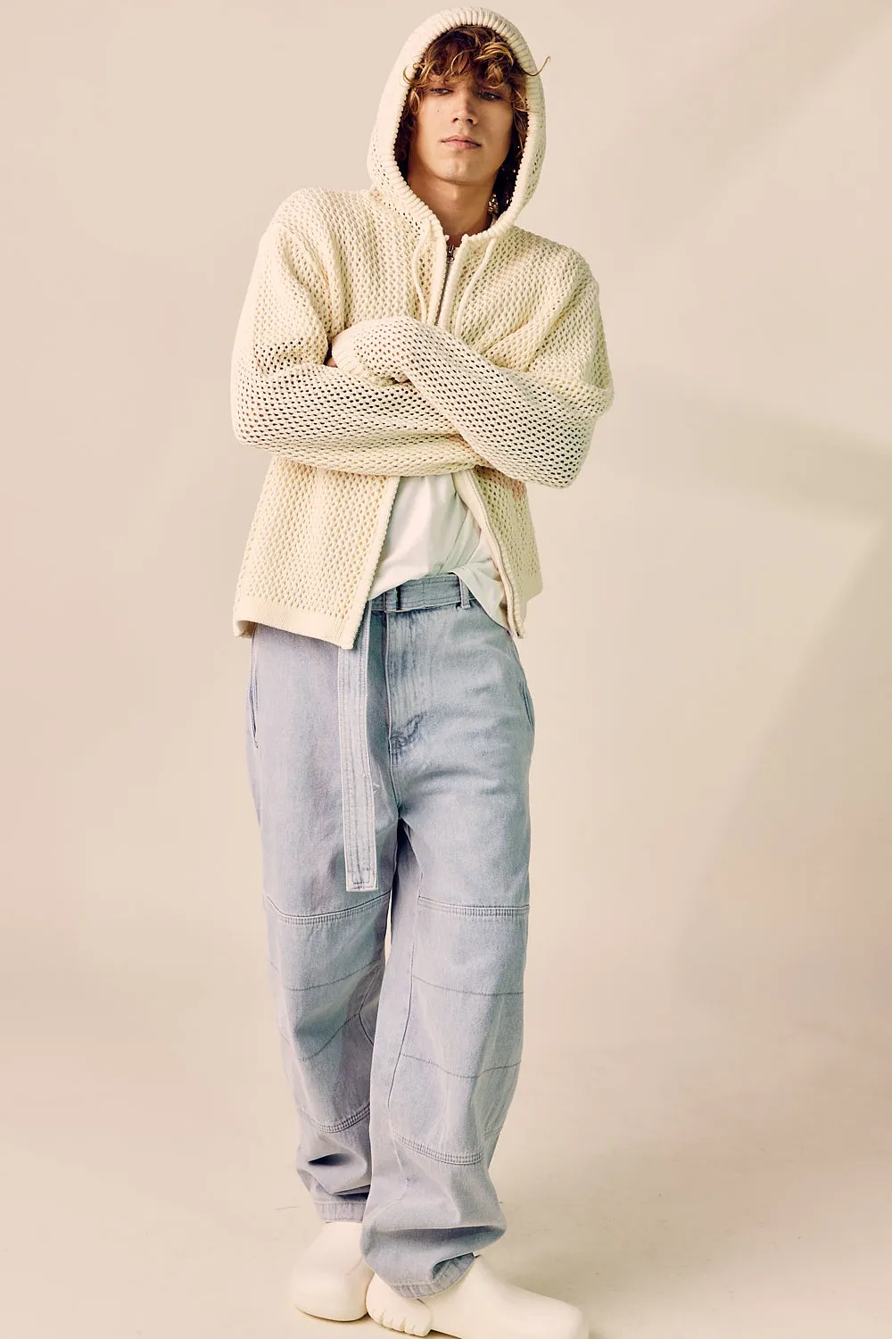Pre-Wash Belted Denim Wide Pants
