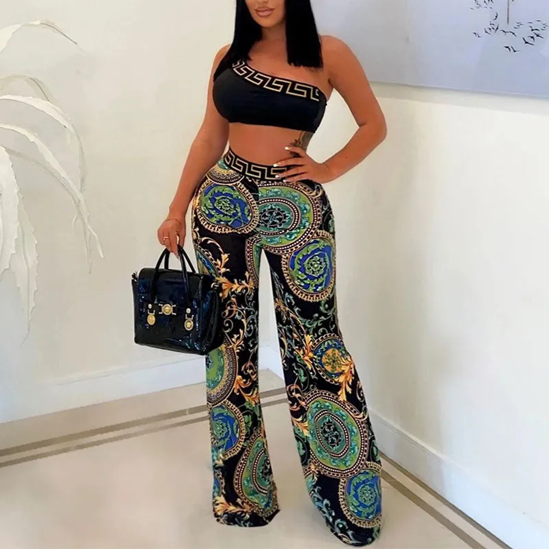 Print Sleeveless Tube Top & Wide Leg Pants Set