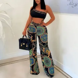 Print Sleeveless Tube Top & Wide Leg Pants Set