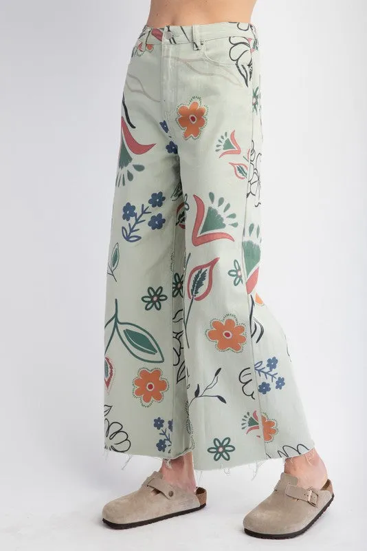 Printed Washed Twill Wide-Leg Pants