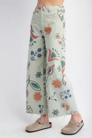 Printed Washed Twill Wide-Leg Pants