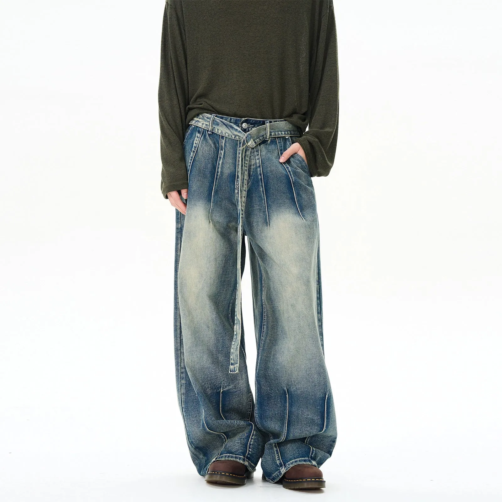 Retro Loose Wide-Leg Belted Jeans