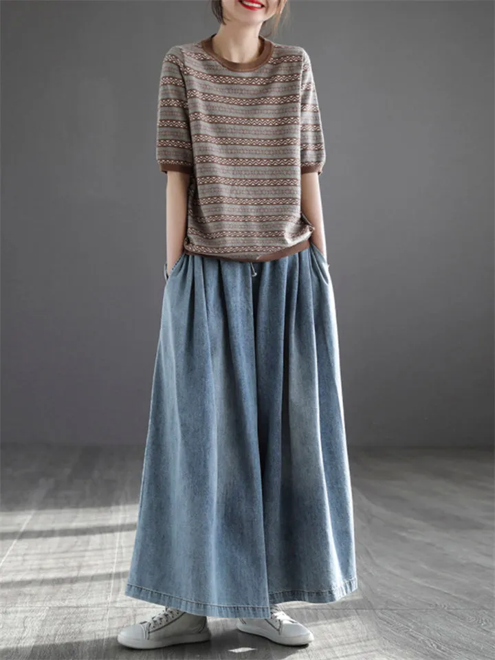 Retro Popular Women's Drawstring Blue Wide Leg Jeans