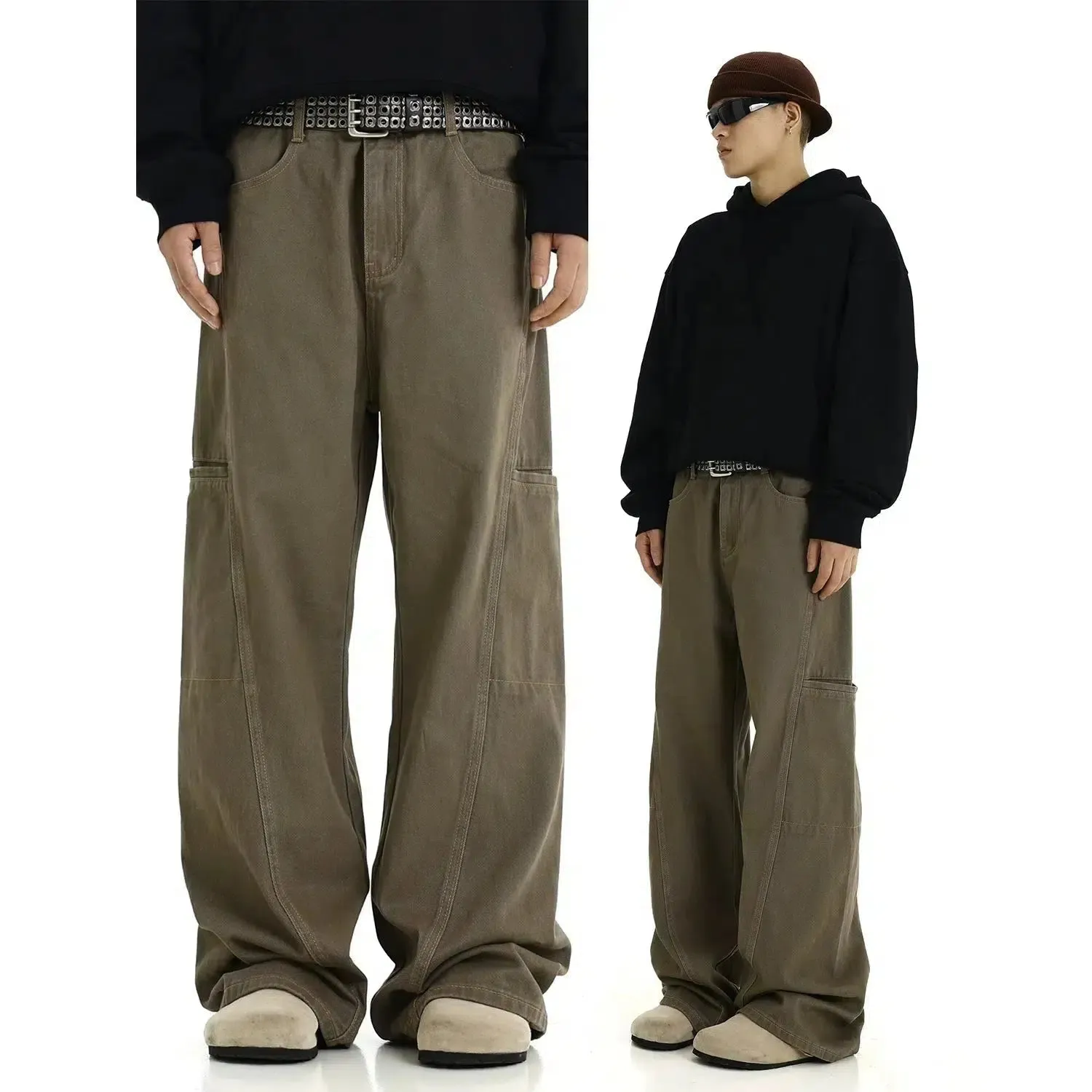 Retro Stitching Wide-Leg Cargo Jeans