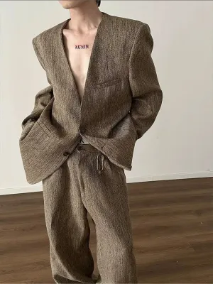 Retro Woven Suit Blazer Wide-Leg Pants Set