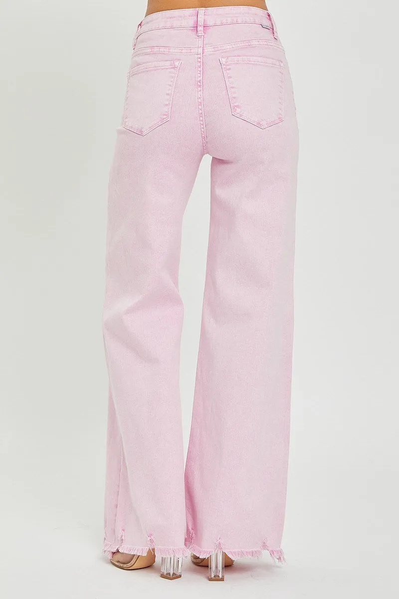 RISEN High Rise Wide Leg Frayed Hem Acid Washed Colored Jeans