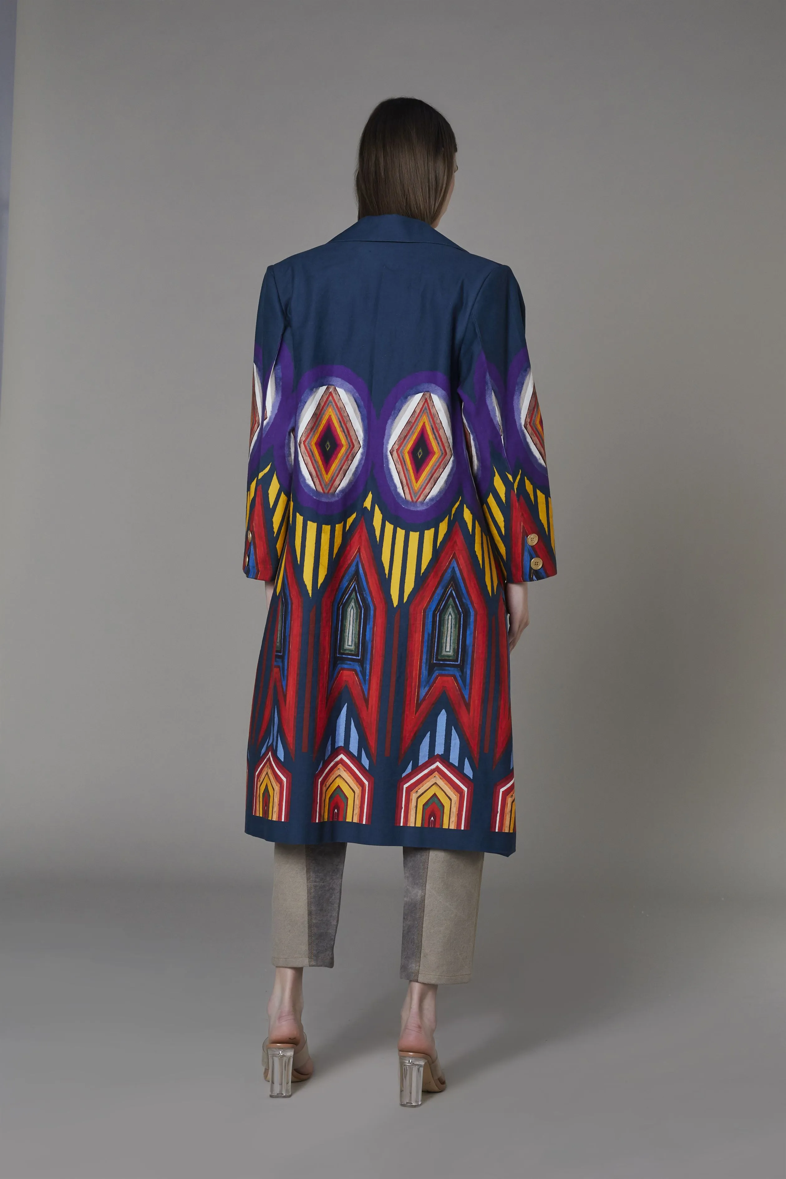 Saaksha & KinniÂ    I   Afghani circle placemtn print drill jacket  Grey denim bustier  Grey jeans Drill Coat - Multi  Bustier - Grey  Jeans - Grey SS22097    SS22035    SS22003